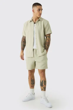 boohooMAN Short Sleeve Jersey Herringbone Shirt And Short Set | UK| Sets & Co-Ords