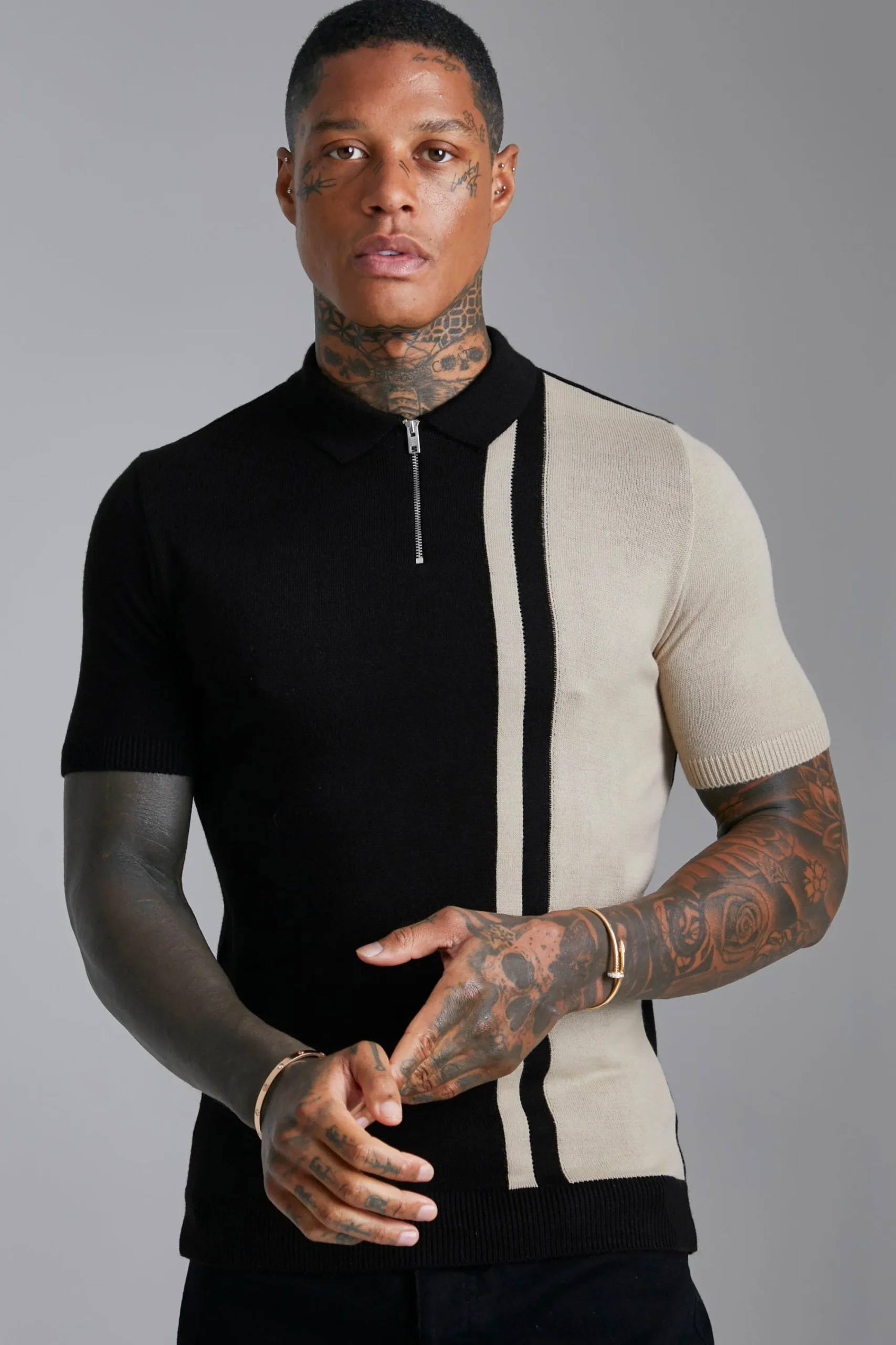 Short Sleeve Muscle Fit Colour Block Knit Polo | UK^boohooMAN Hot