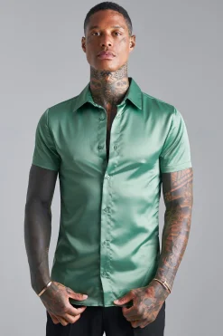 boohooMAN Short Sleeve Muscle Fit Satin Shirt | UK| Shirts