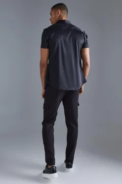 boohooMAN Short Sleeve Muscle Fit Stretch Satin Shirt | UK| Shirts