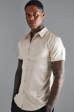 boohooMAN Short Sleeve Muscle Satin Shirt | UK| Shirts