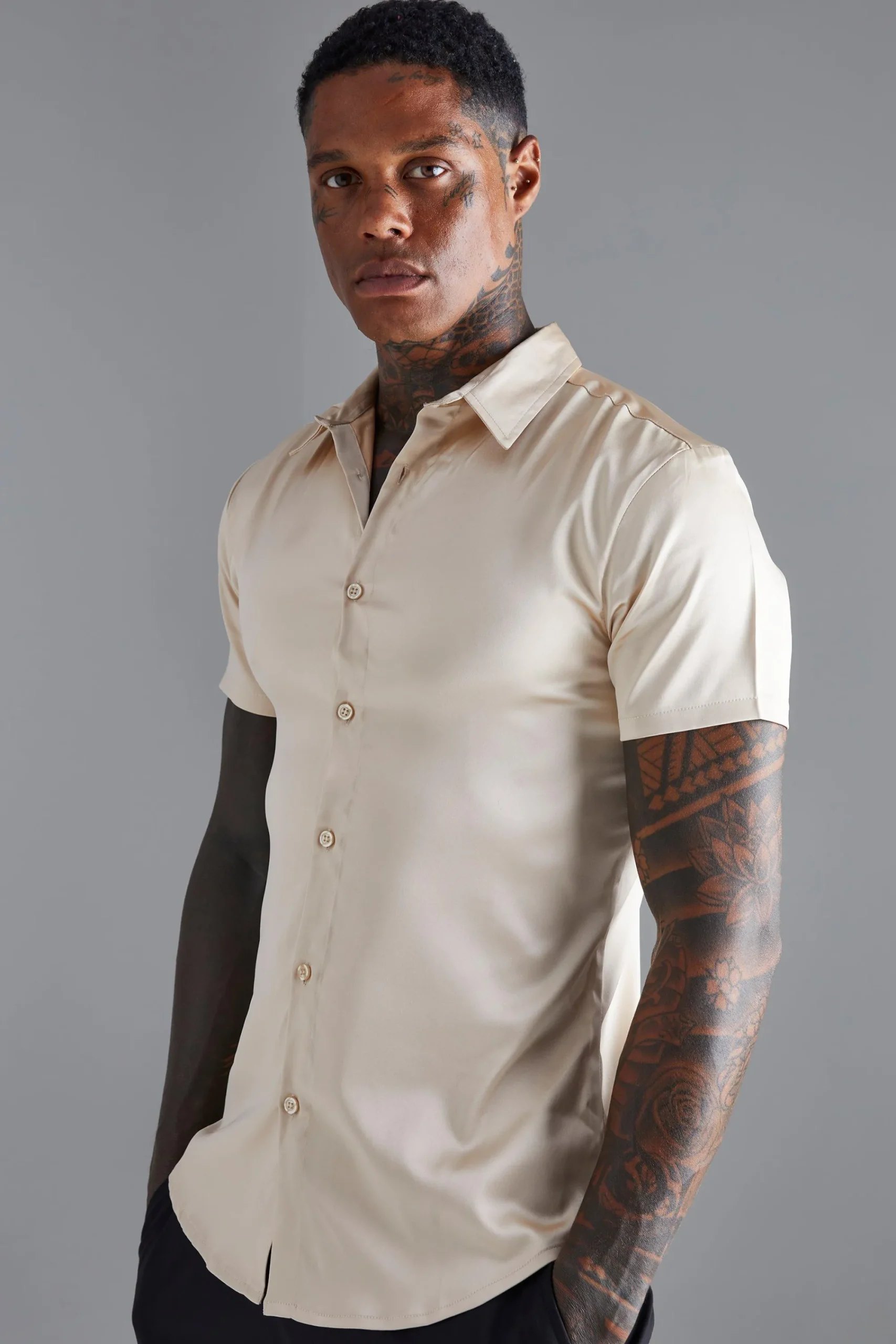 boohooMAN Short Sleeve Muscle Satin Shirt | UK| Shirts