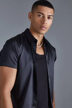 boohooMAN Short Sleeve Muscle Satin Shirt | UK| Shirts