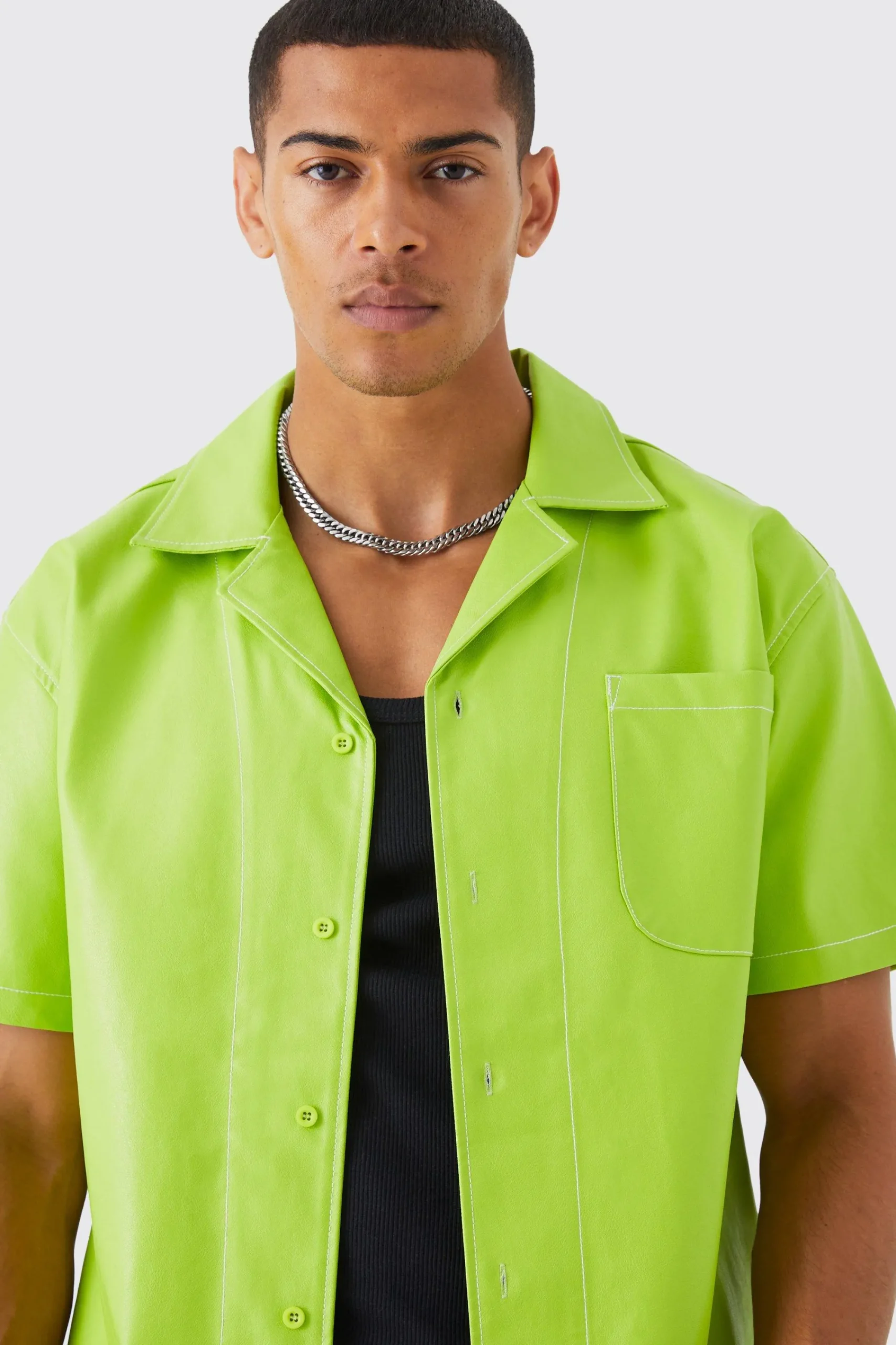 boohooMAN Short Sleeve Oversized Contrast Stitch Pu Shirt | UK| Shirts