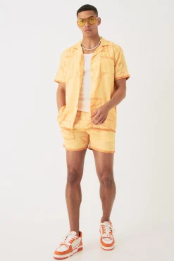boohooMAN Short Sleeve Oversized Satin Tonal Palm Shirt & Short | UK| Sets & Co-Ords