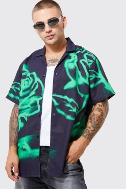 boohooMAN Short Sleeve Oversized Slub Spray Rose Shirt | UK| Shirts