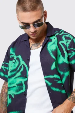 boohooMAN Short Sleeve Oversized Slub Spray Rose Shirt | UK| Shirts