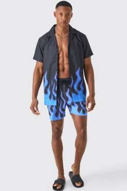 boohooMAN Short Sleeve Printed Flame Shirt & Swim Set | UK| Sets & Co-Ords
