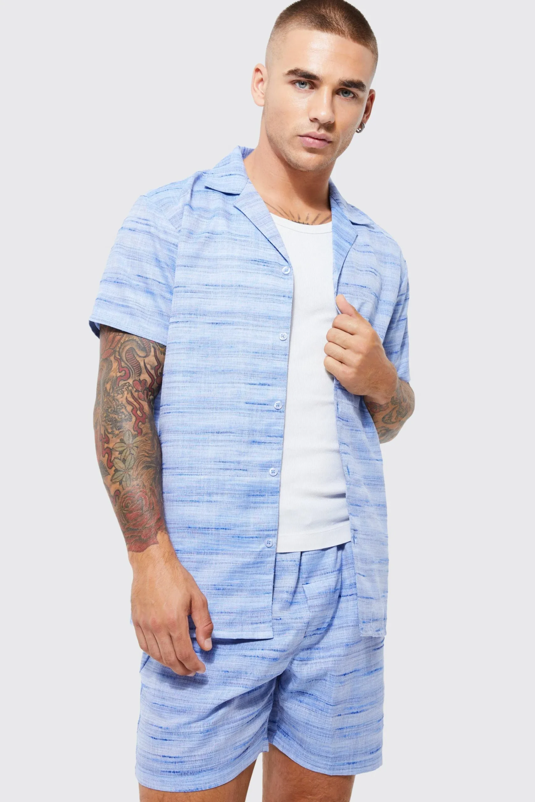 boohooMAN Short Sleeve Regular Slub Linen Look Shirt And Short | UK| Sets & Co-Ords