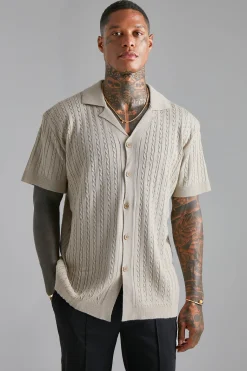 boohooMAN Short Sleeve Revere Cable Knit Shirt | UK| Knitwear