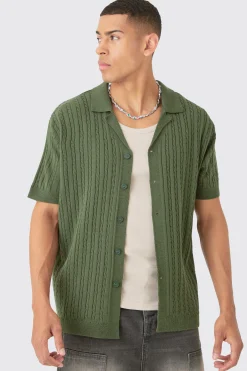 boohooMAN Short Sleeve Revere Cable Knit Shirt | UK| Shirts