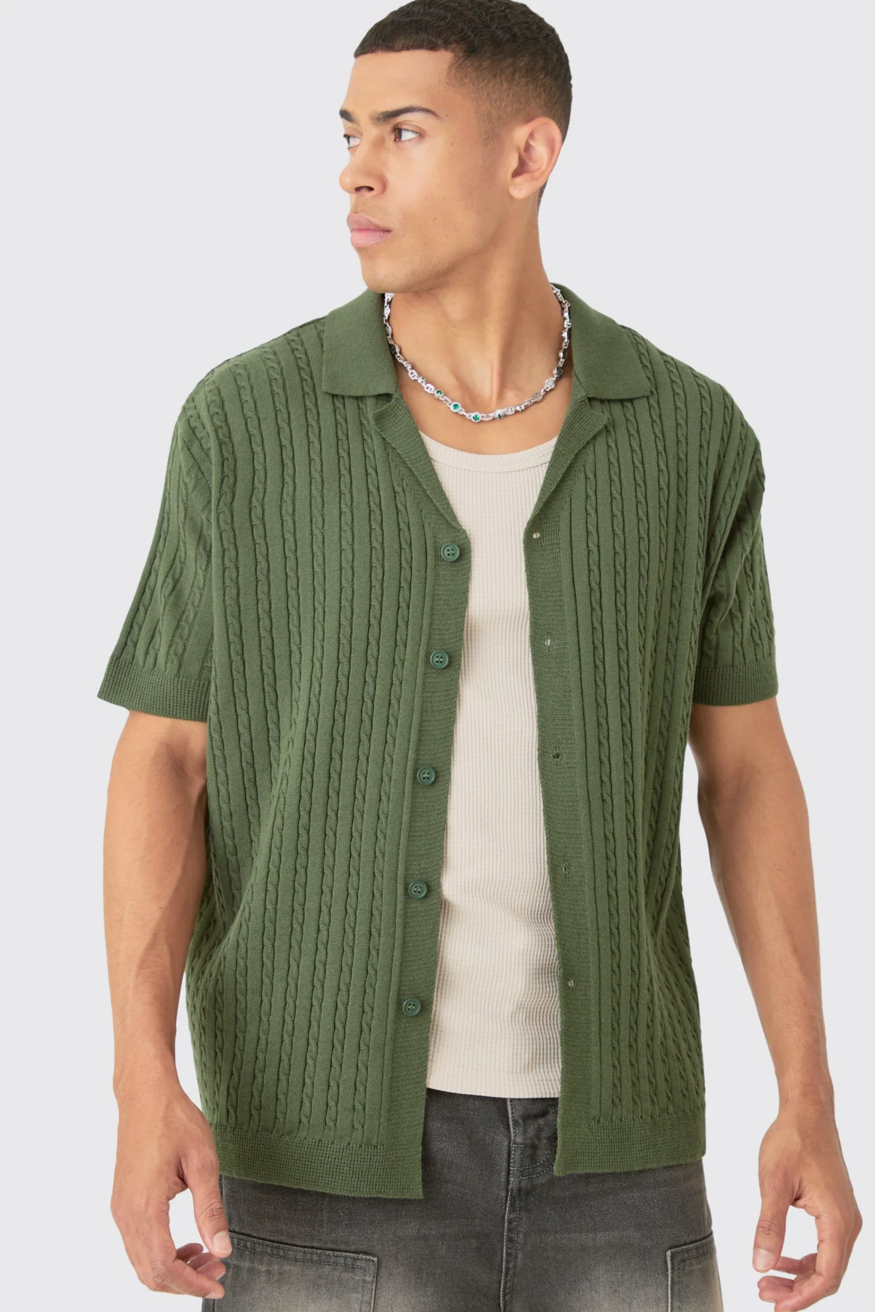boohooMAN Short Sleeve Revere Cable Knit Shirt | UK| Shirts