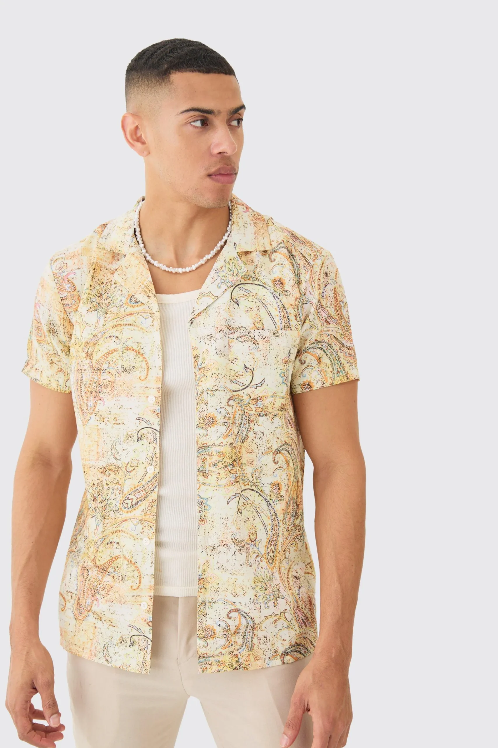 boohooMAN Short Sleeve Revere Linen Look Tapestry Print Shirt | UK| Shirts