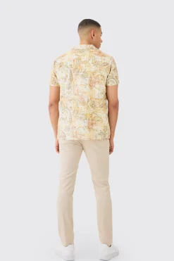 boohooMAN Short Sleeve Revere Linen Look Tapestry Print Shirt | UK| Shirts