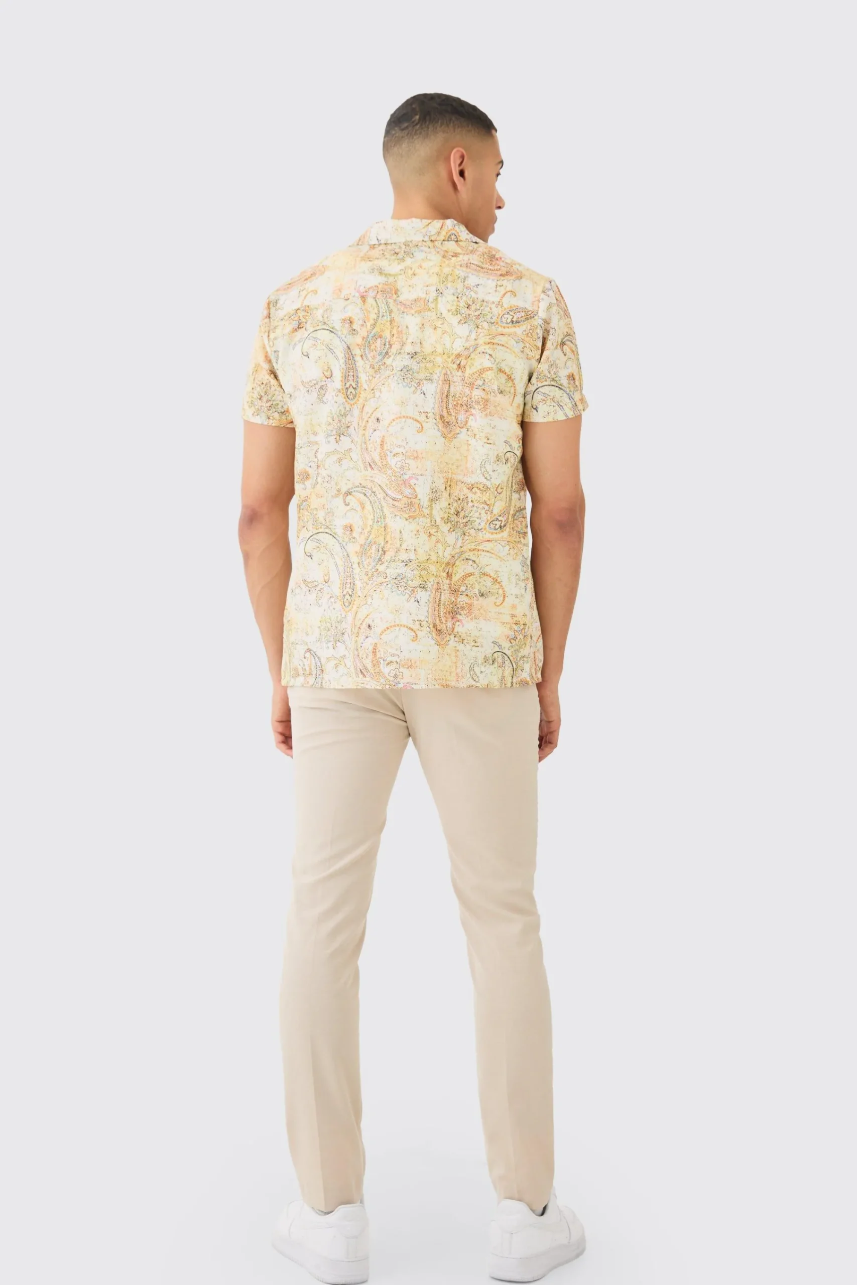 boohooMAN Short Sleeve Revere Linen Look Tapestry Print Shirt | UK| Shirts