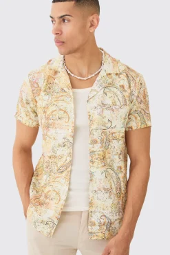 boohooMAN Short Sleeve Revere Linen Look Tapestry Print Shirt | UK| Shirts