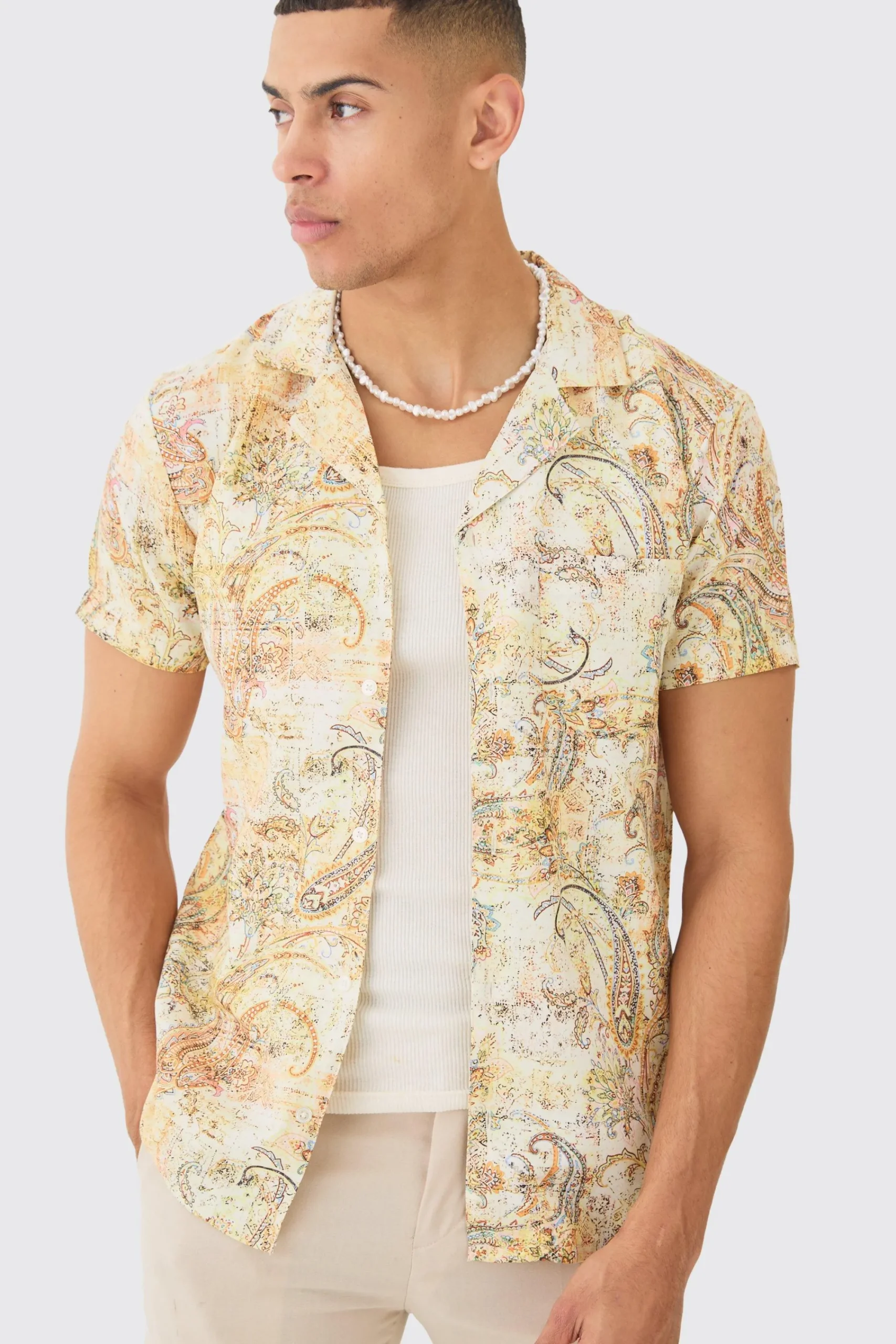 boohooMAN Short Sleeve Revere Linen Look Tapestry Print Shirt | UK| Shirts