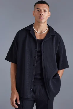 boohooMAN Short Sleeve Revere Oversized Fit Pleated Shirt | UK| Shirts