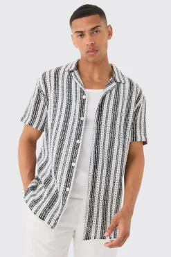 boohooMAN Short Sleeve Revere Oversized Open Knit Stripe Shirt | UK| Shirts