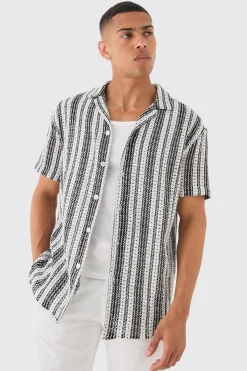 boohooMAN Short Sleeve Revere Oversized Open Knit Stripe Shirt | UK| Shirts