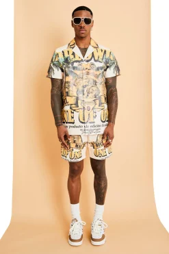 boohooMAN Short Sleeve Revere Pu Graphic Shirt & Short Set | UK| Sets & Co-Ords