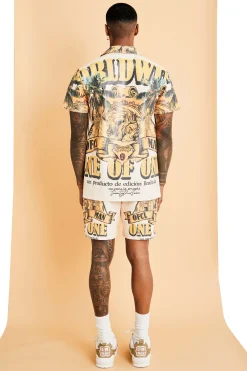 boohooMAN Short Sleeve Revere Pu Graphic Shirt & Short Set | UK| Sets & Co-Ords