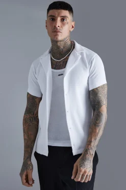 boohooMAN Short Sleeve Revere Stretch Fit Pleated Shirt | UK| Shirts