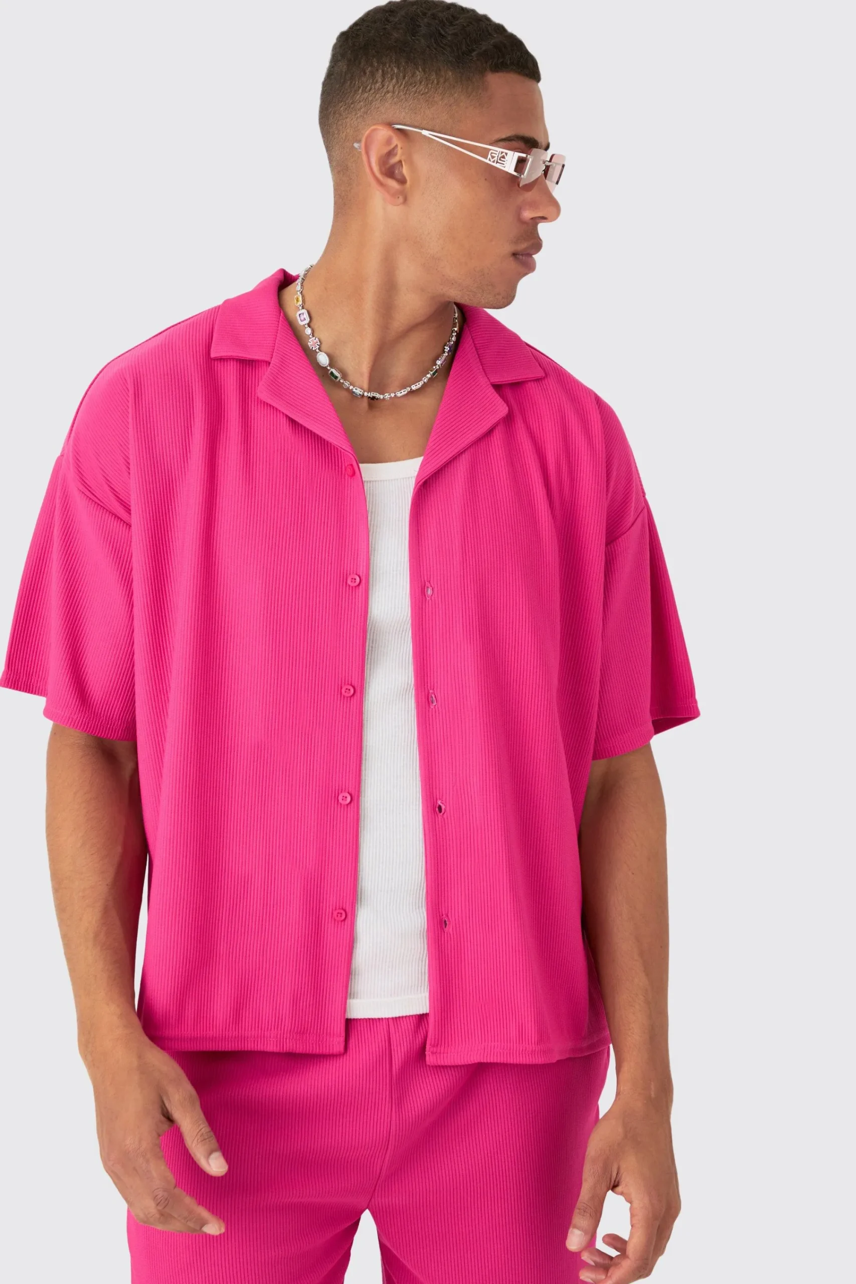 boohooMAN Short Sleeve Ribbed Boxy Shirt & Short Set | UK| Sets & Co-Ords