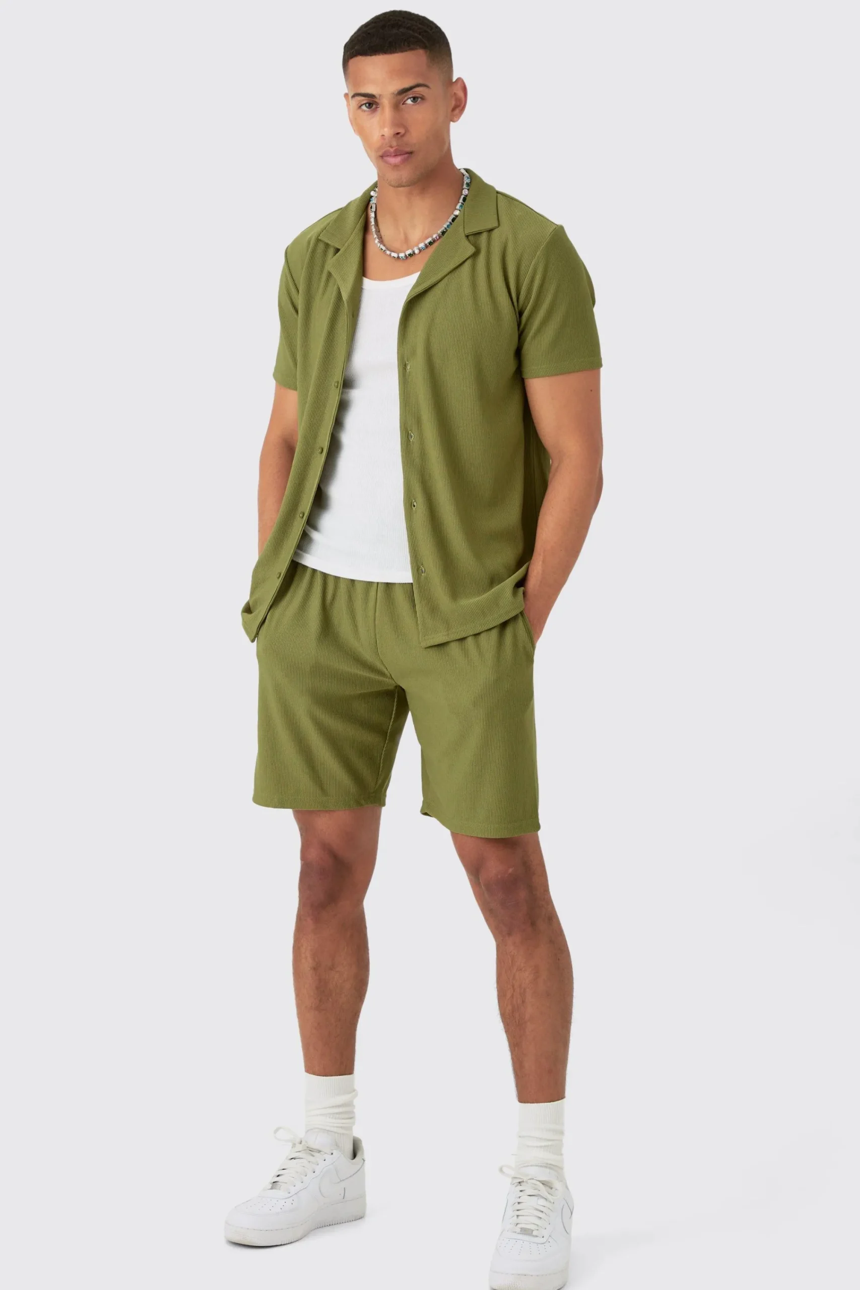 boohooMAN Short Sleeve Ribbed Shirt & Short Set | UK| Sets & Co-Ords