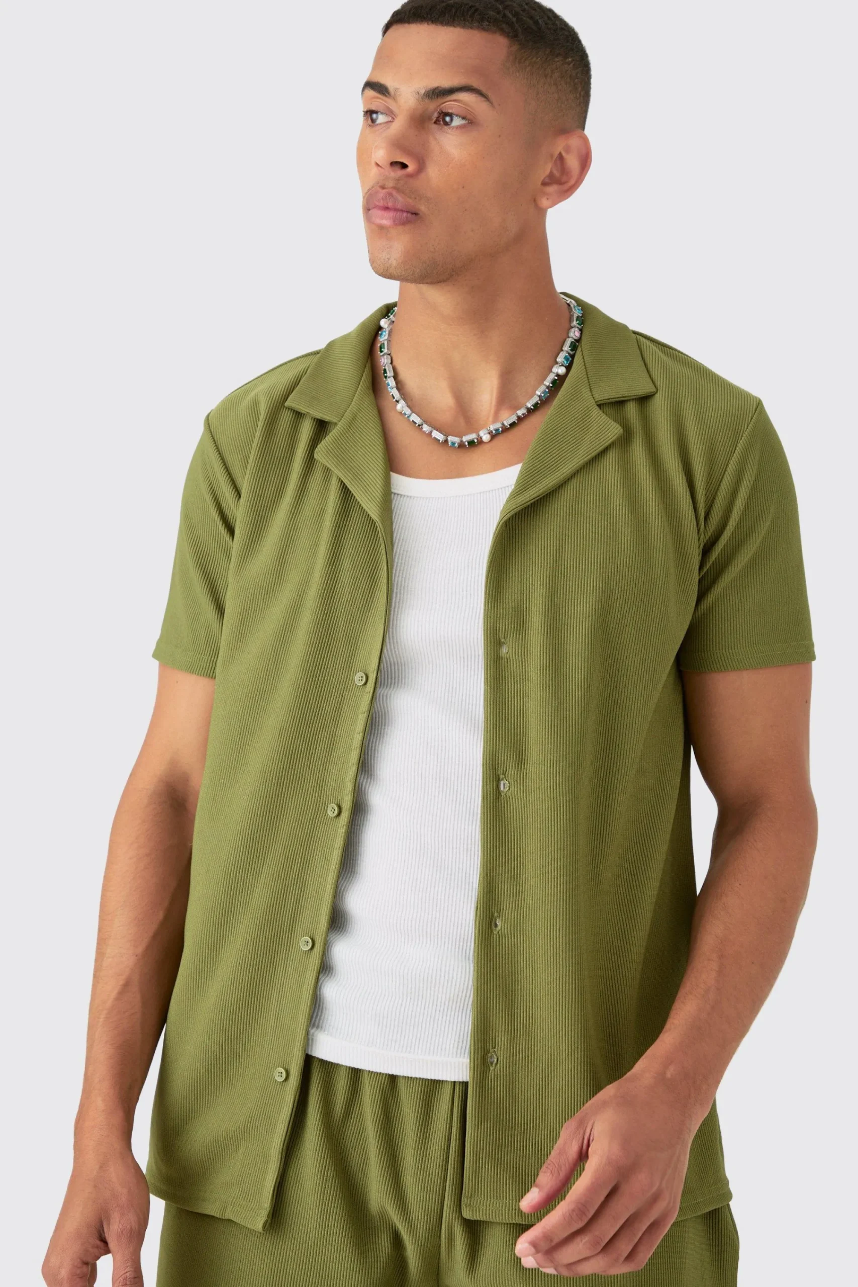 boohooMAN Short Sleeve Ribbed Shirt & Short Set | UK| Sets & Co-Ords