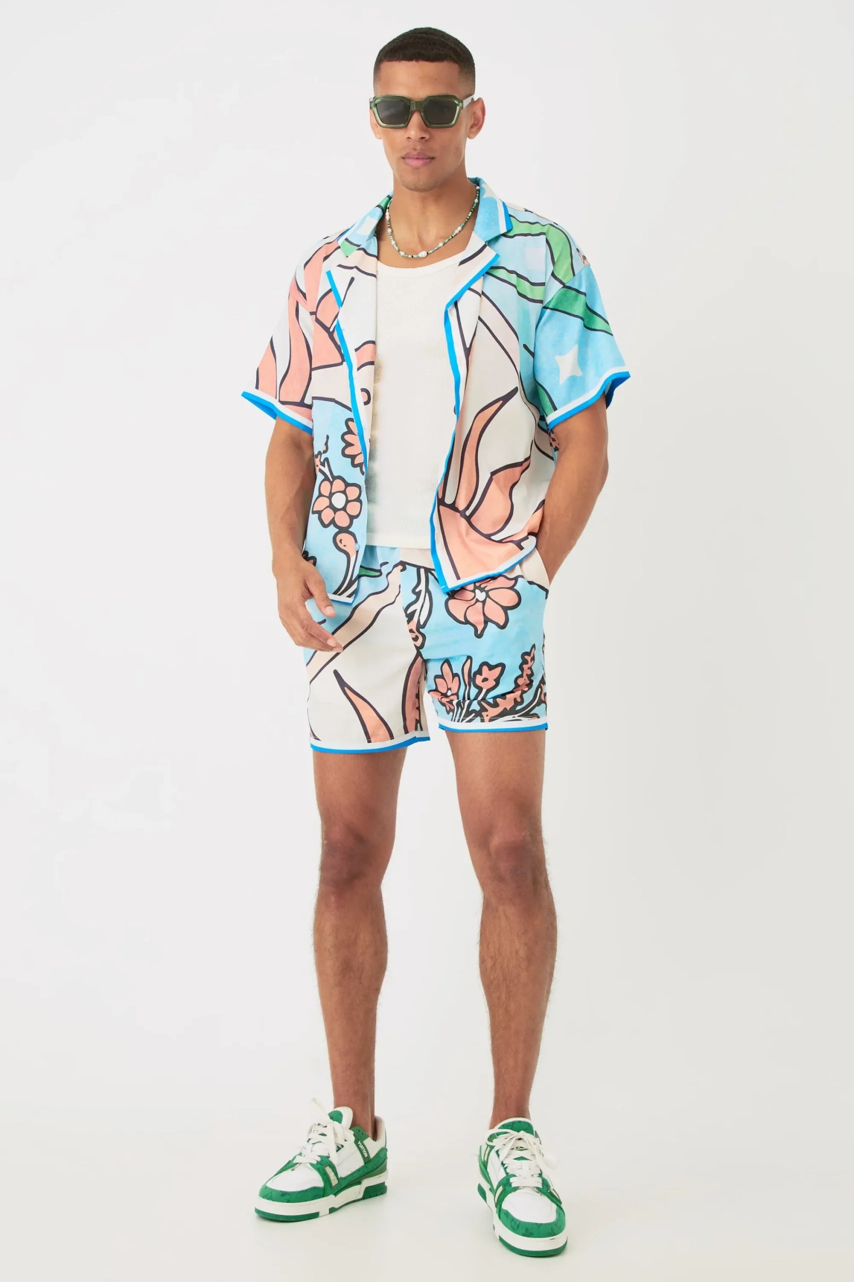 boohooMAN Short Sleeve Satin Boxy Sun Shirt & Short | UK| Sets & Co-Ords