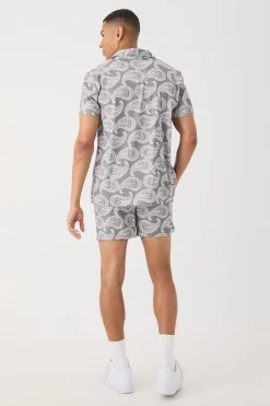 boohooMAN Short Sleeve Satin Mini Paisley Shirt & Short | UK| Sets & Co-Ords