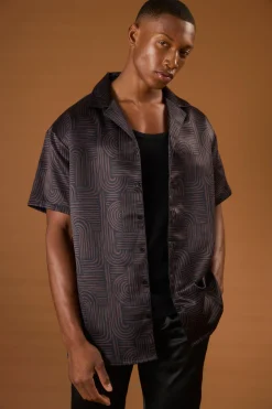 boohooMAN Short Sleeve Satin Oversized Monogram Shirt | UK| Shirts