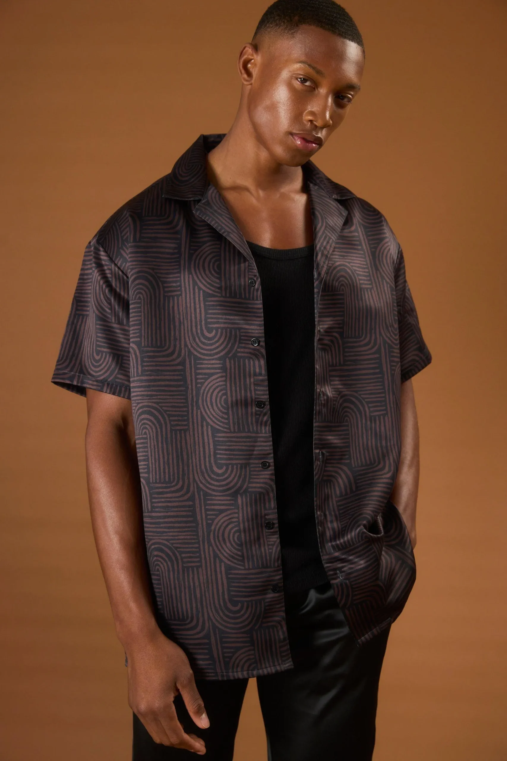 boohooMAN Short Sleeve Satin Oversized Monogram Shirt | UK| Shirts