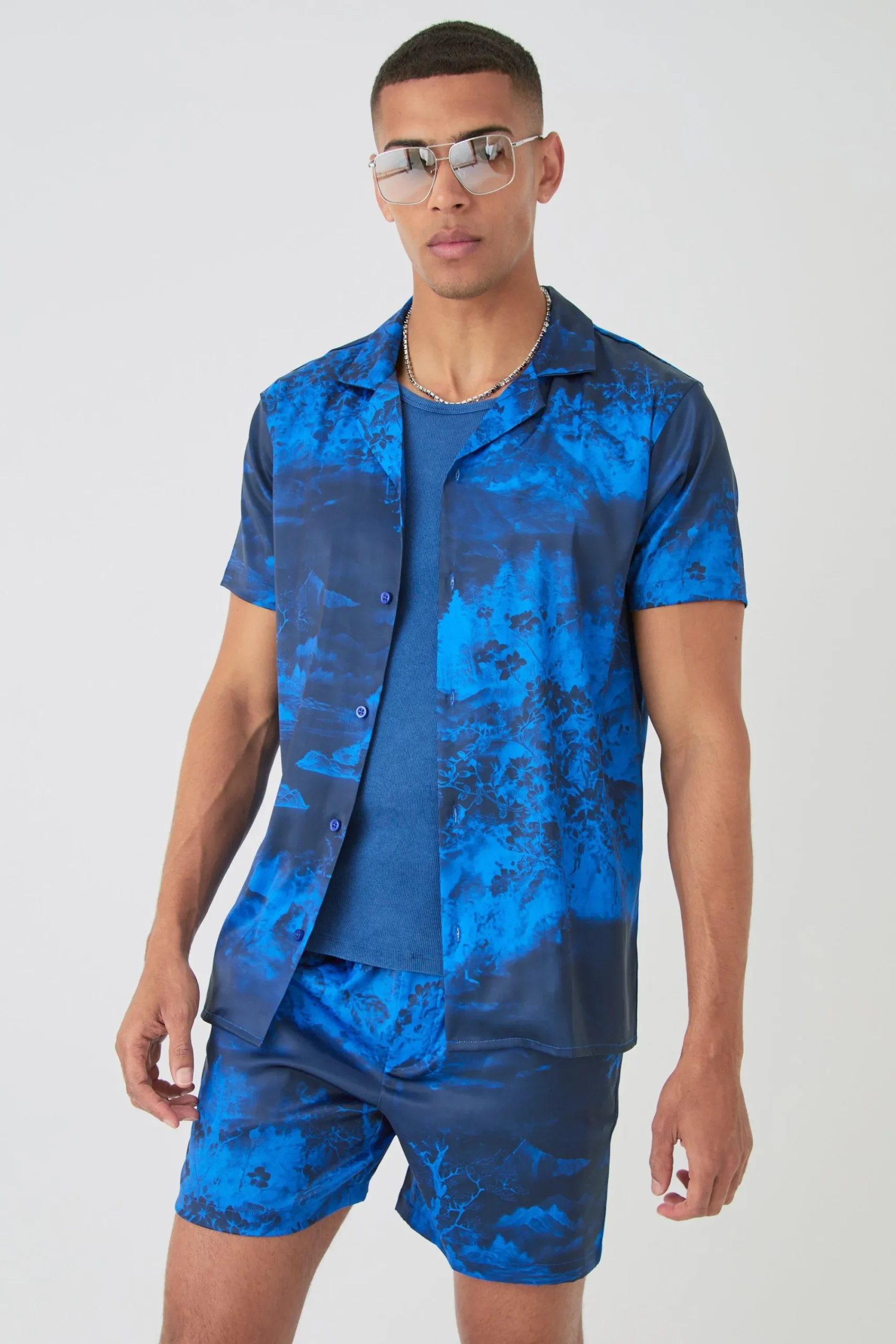 boohooMAN Short Sleeve Satin Tile Shirt & Short | UK| Sets & Co-Ords