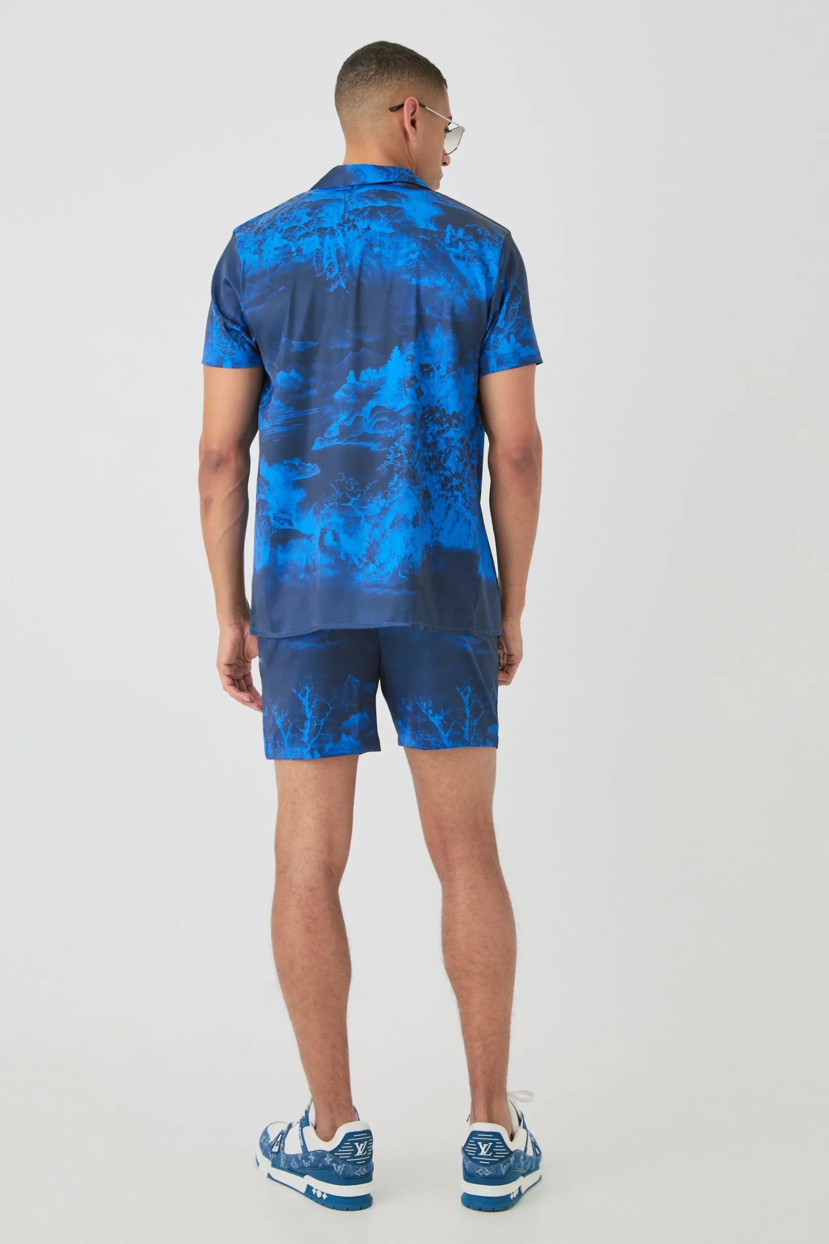 boohooMAN Short Sleeve Satin Tile Shirt & Short | UK| Sets & Co-Ords