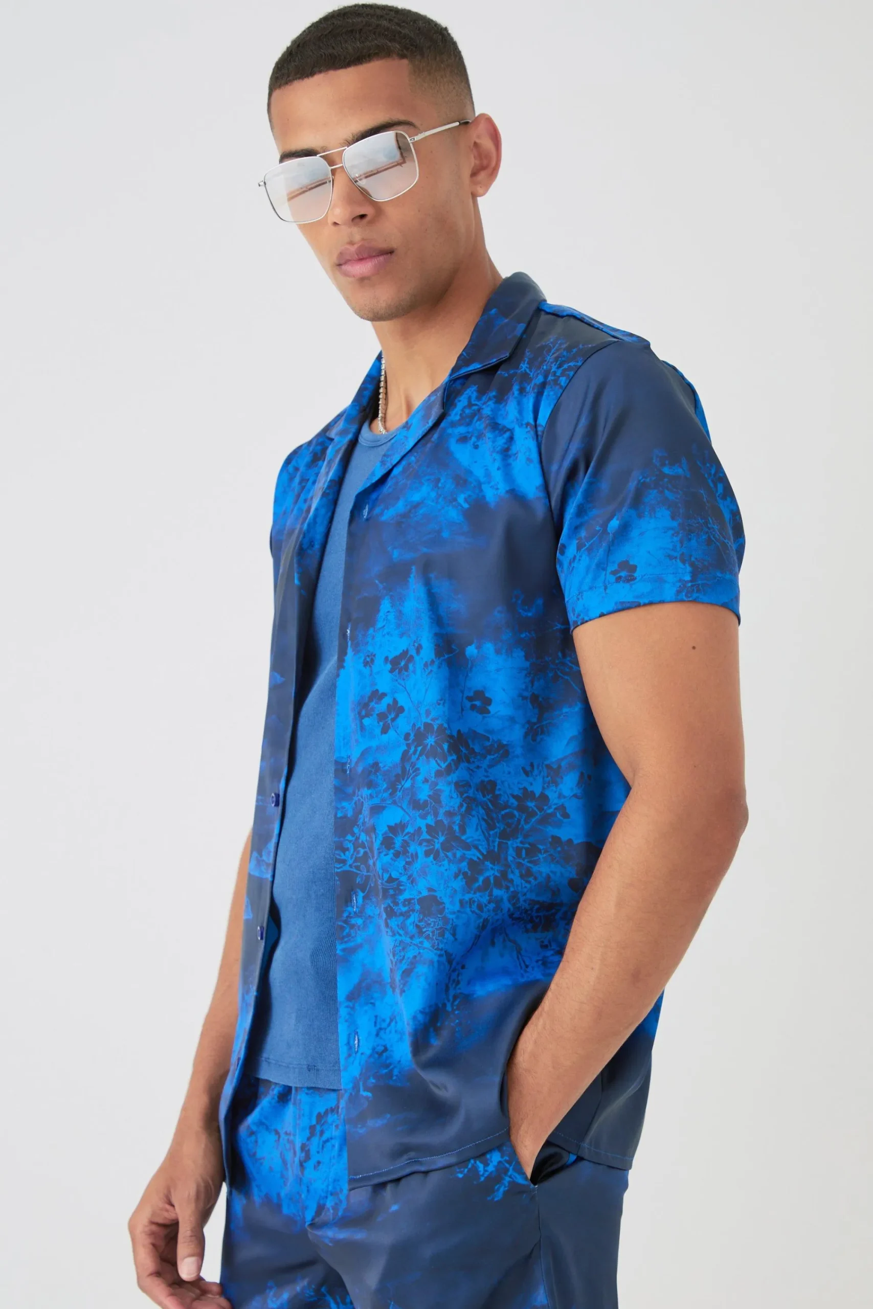 boohooMAN Short Sleeve Satin Tile Shirt & Short | UK| Sets & Co-Ords
