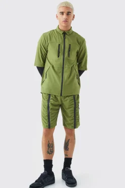 boohooMAN Short Sleeve Technical Utility Shirt & Short Set | UK| Sets & Co-Ords