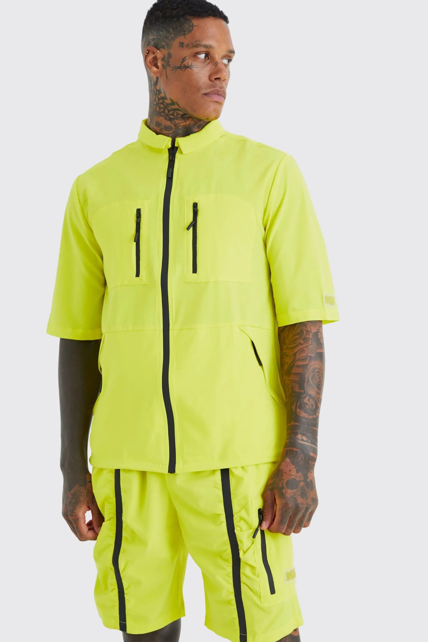 boohooMAN Short Sleeve Technical Utility Shirt & Short Set | UK| Sets & Co-Ords