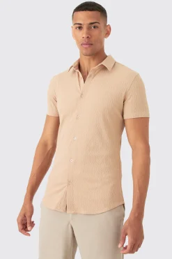 boohooMAN Short Sleeve Textured Detail Muscle Fit Shirt | UK| Shirts