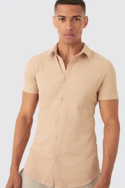 boohooMAN Short Sleeve Textured Detail Muscle Fit Shirt | UK| Shirts
