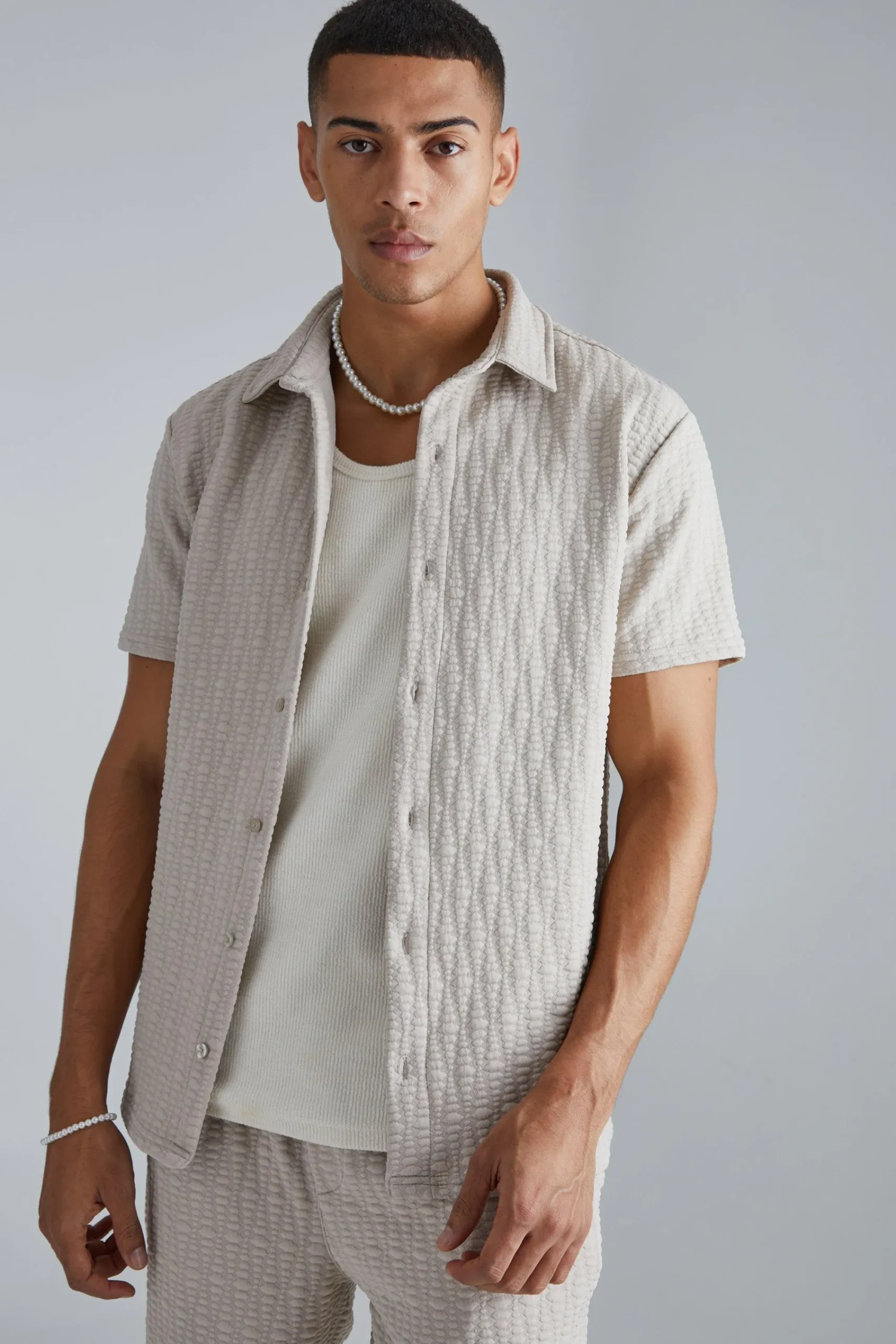 boohooMAN Short Sleeve Textured Stretch Shirt And Trousers Set | UK| Sets & Co-Ords