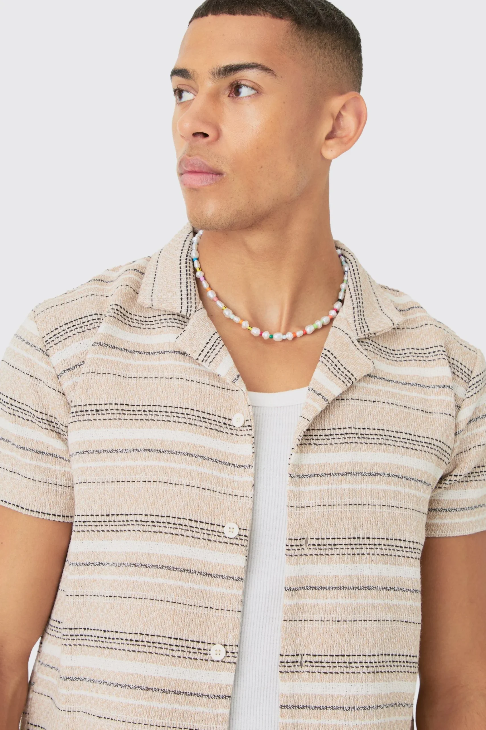 boohooMAN Short Sleeve Textured Stripe Shirt & Short Set | UK| Sets & Co-Ords