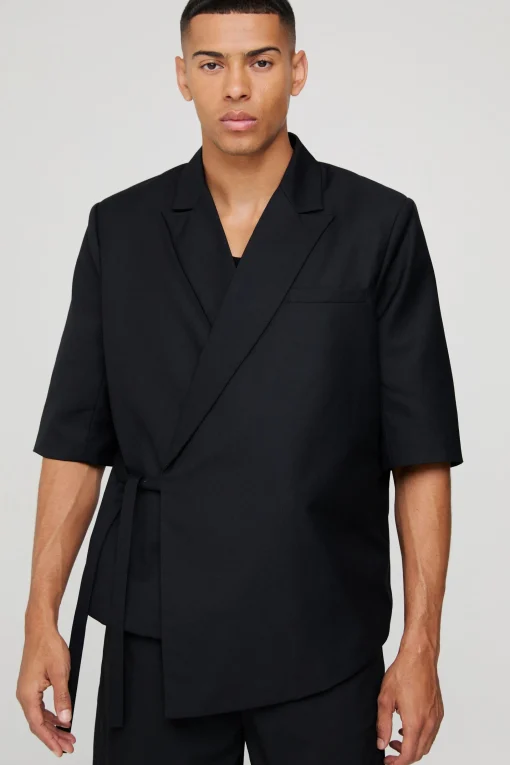boohooMAN Short Sleeve Tie Side Oversized Blazer | UK| Suits & Tailoring