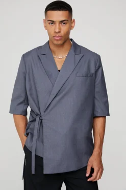 boohooMAN Short Sleeve Tie Side Oversized Blazer | UK| Suits & Tailoring