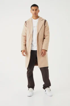boohooMAN Single Breasted Melton Overcoat With Pu | UK| Coats & Jackets