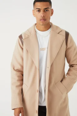 boohooMAN Single Breasted Melton Overcoat With Pu | UK| Coats & Jackets