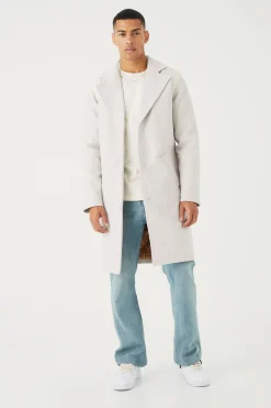 boohooMAN Single Breasted Melton Overcoat With Pu | UK| Coats & Jackets