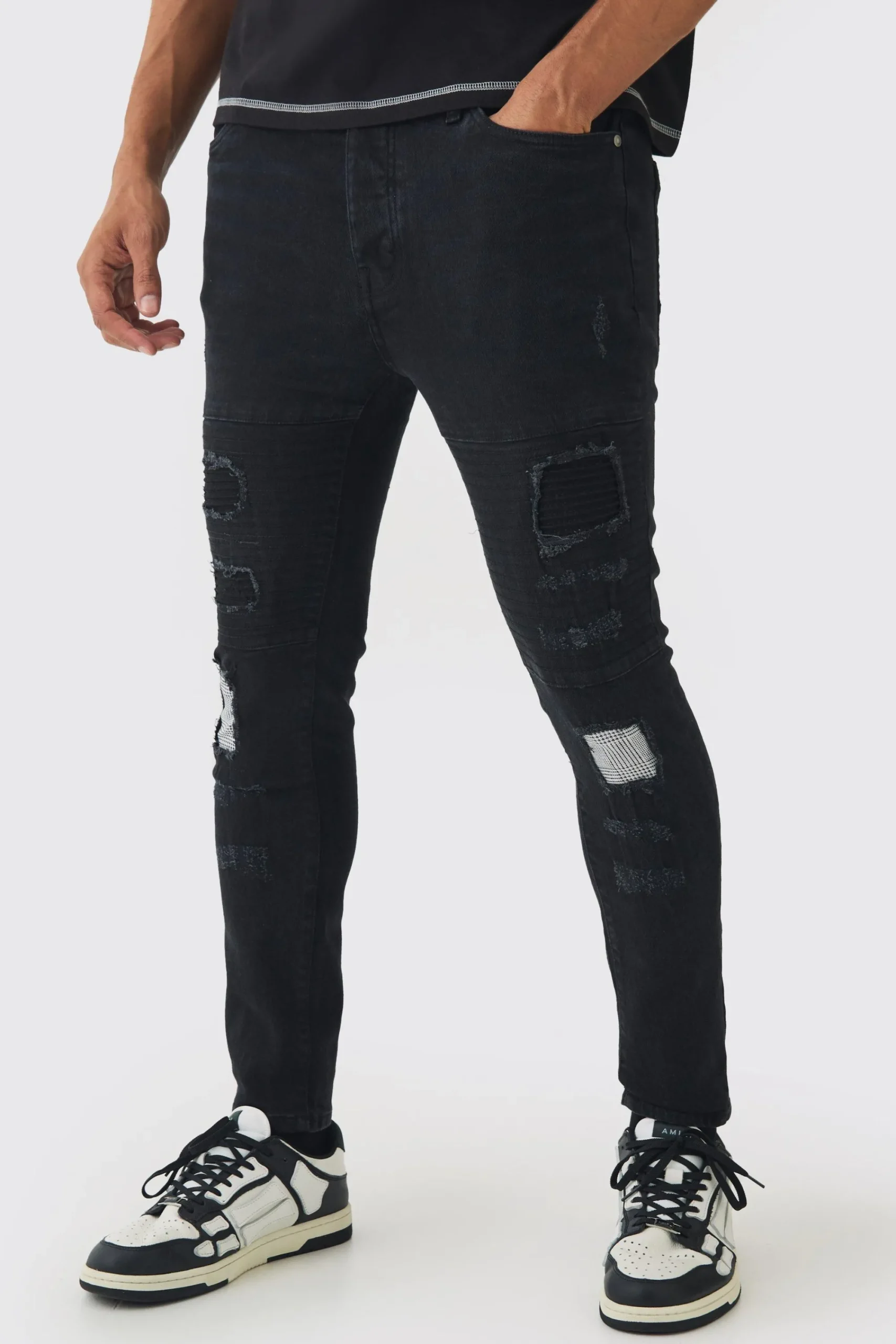 boohooMAN Skinny Fit Biker Ripped Patchwork Jeans | UK| Trousers|Jeans