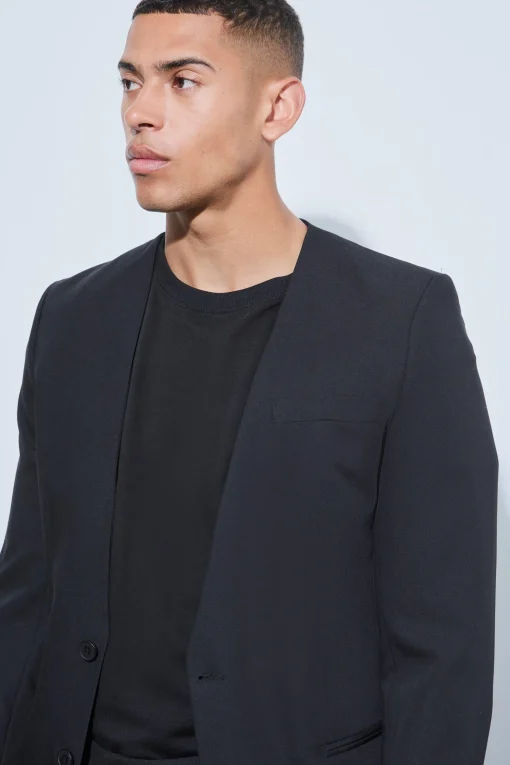 boohooMAN Skinny Fit Collarless Single Breasted Blazer | UK| Suits & Tailoring